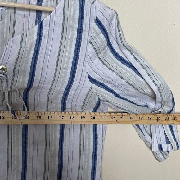 Tommy Bahama large linen blend top stripe Silver Metallic Boho 3/4 SLEEVE LACE - Picture 8 of 9